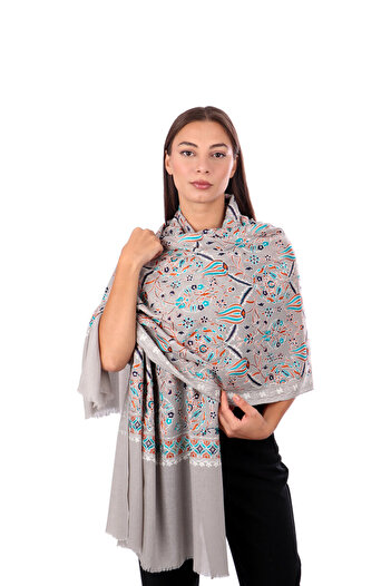Bursa İpek Gray Navy Blue Tulip Pattern Embroidered Wool Shawl