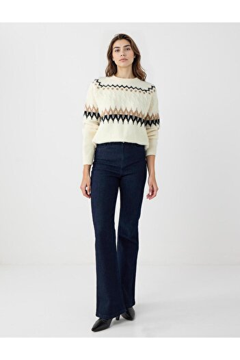 Jimmy Key Cream Color Crew Neck Long Sleeve Knitwear Patterned Sweater