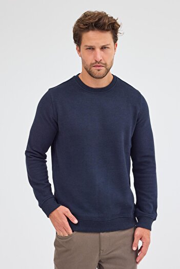 İmza Dark Navy Blue Long Sleeve Crew Neck Plain Cotton Comfort Fit Sweatshirt 1013255150