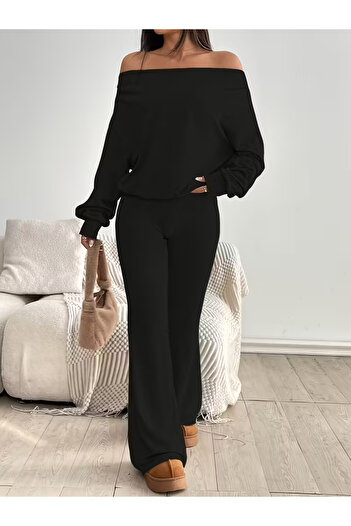 Machetta Women's Boat Neck Pleated Blouse Spanish Leg Sweatpants Set