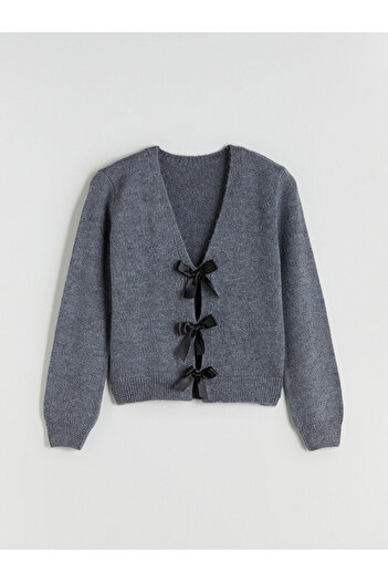 LC Waikiki Gray Tie Collar Bowknot Women's Knitwear Cardigan