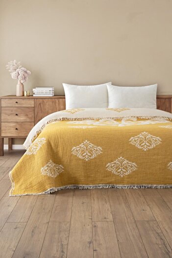 Denizli Concept Baroque Yellow and White Muslin Quilt - Double Size Soft Quilt - Fiber Filled 220X240Cm