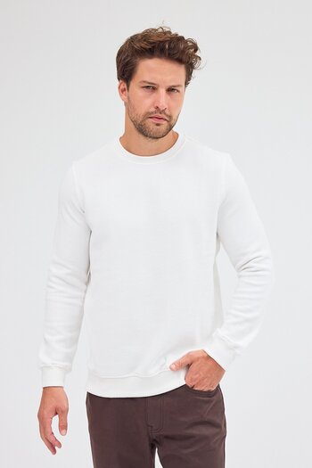 İmza Cream Long Sleeve Crew Neck Plain Cotton Comfort Fit Sweatshirt 1013255150