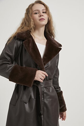 Arma Life Armalife 2259 Faux Fur Detailed Faux Leather Women's Coat with Belt at the Waist