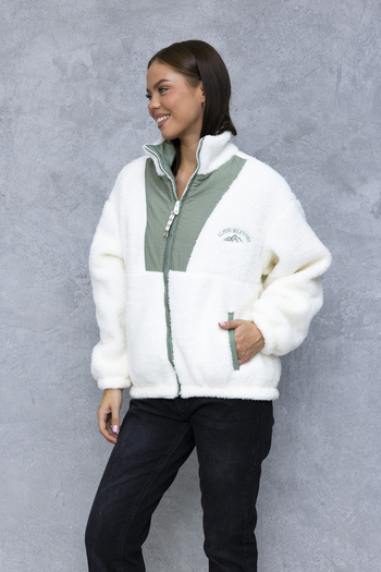GİYSA Women's Stand Collar Double Pocket Zipper Closure Plush Coat Light Green - 5194
