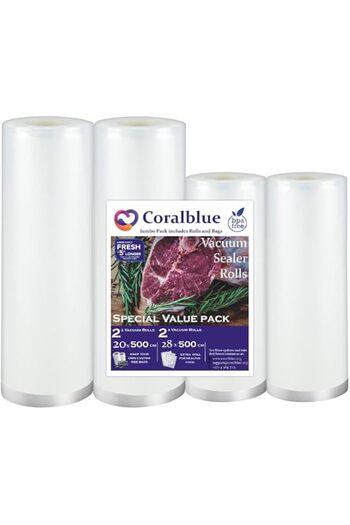 Generic Coralblue Vacuum Sealer Rolls - Pack of 4 (2 Roll 28cm*5m, 2 Roll 22cm*5m), BPA Free Food Saver Roll