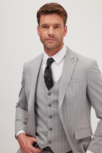 Tudors Men's Slim Fit Grey Stretchy Lycra Fabric Pointed Collar Vest Suit