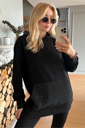 RICH GLAM Relaxed Fit Hooded Long Oversized Women's Black Kangaroo Pocket Crystal Stone Three Thread Sweatshirt