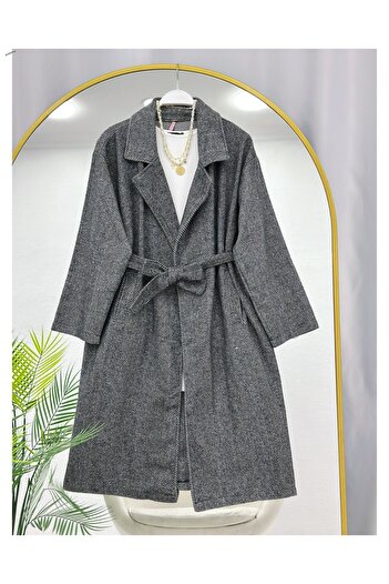 YEDİLALE Baliksirti Patterned Belted Coat Without Lining 100 cm Medium [S(36/38) M(40) L(42/44) Compatible]