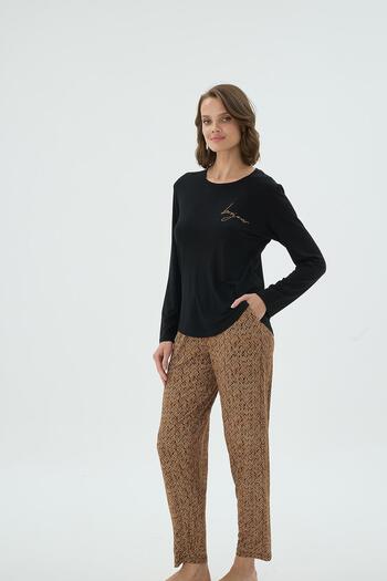 Sevim Women's Black Color Long Sleeve Stone Embroidered Patterned Bottom Pajama Set C9T0N371