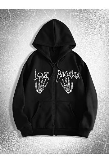 Touz Moda Gothic Design Oversize Zippered Black Unisex Hooded Cardigan