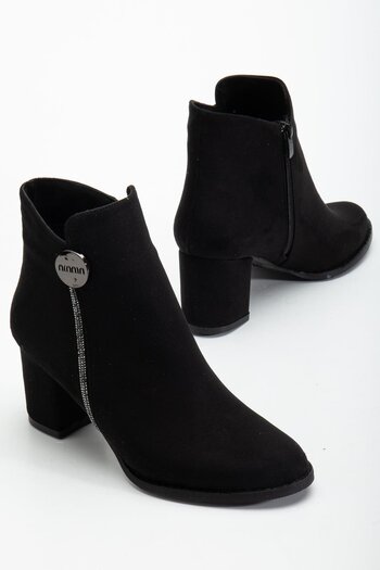 Dilimler Ayakkabı Black Women's Heeled Boots Suede Stone Detailed Round Toe