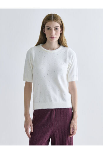 LC Waikiki Ecru Crew Neck Stoned Women's Knitwear Sweater