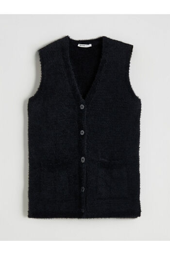 LC Waikiki Black Plus Size V-Neck Women's Plush Vest