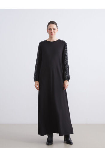 LC Waikiki Black Plus Size Crew Neck Patterned Dress