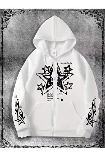 Touz Moda Gothic Star Design Oversize Fermuarlı Siyah Unisex Kapüşonlu Hırka