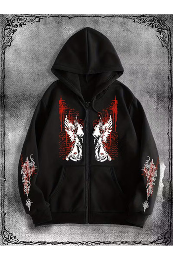 Touz Moda Gothic Design Oversize Zippered Black Unisex Hooded Cardigan