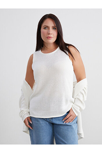 LC Waikiki Ecru Plus Size Crew Neck Women's Knit Sweater