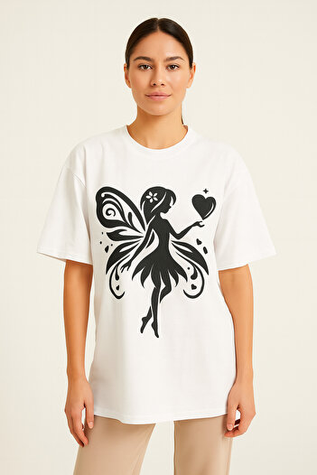 ocke Fairy Patterned Black Printed White Oversize T-Shirt