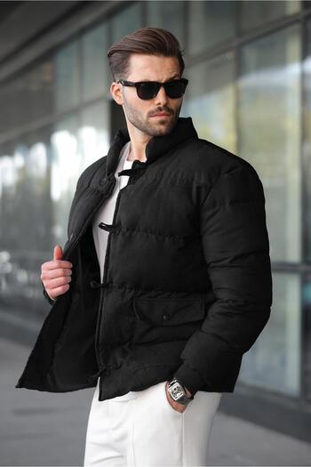 Madmext Black Buttoned Stand Collar Men's Puffer Jacket E7435