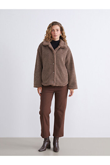 LC Waikiki Brown Shirt Collar Oversize Women's Plush Coat