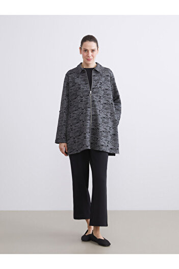 LC Waikiki Anthracite Polo Neck Patterned Women's Cardigan