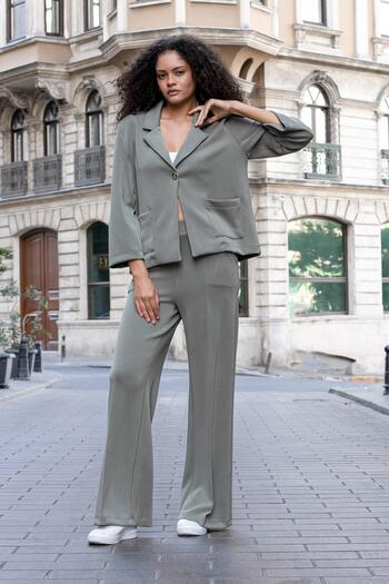 Jument Women's Silky Stretchy Thick Modal Fabric High Waist Front Seam Pocketed Wide Leg Palazzo Pants-Khaki