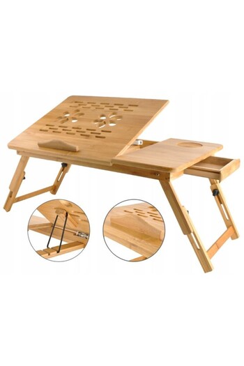 PROCART 14 inch laptop table, foldable, cup holder, drawer, bamboo wood, 50x30 cm