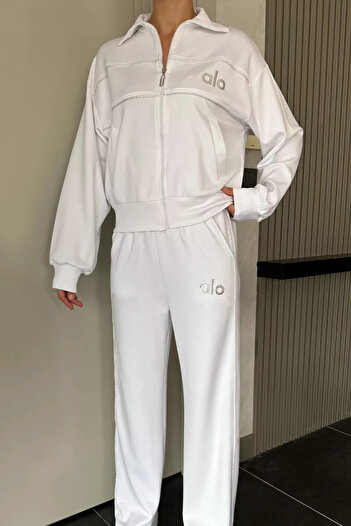 julude White Women's Striped Waist Elastic Palazzo Pants Zippered Sweat Double Set