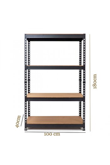 Handlekraft Metal Shelf 180x100x40cm, 4 MDF Shelves, 200 kg/Shelf, Assembly No Screws, for Organization, Black