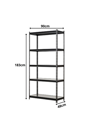 Handlekraft Metal storage rack with 5 shelves, 183x90x48cm, Clip-on assembly, Steel/MDF, 875 kg capacity, Black