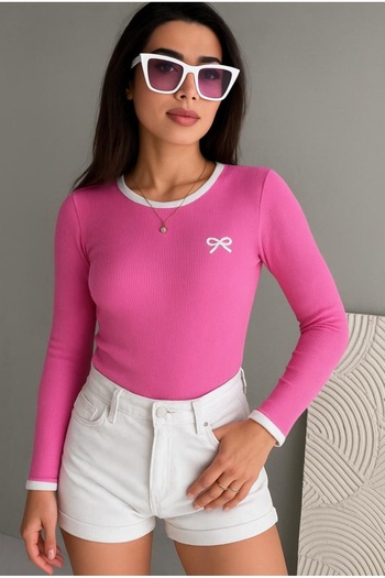 Chicup Aura Women's Pink Bow Embroidered Ribbed Knitted Blouse
