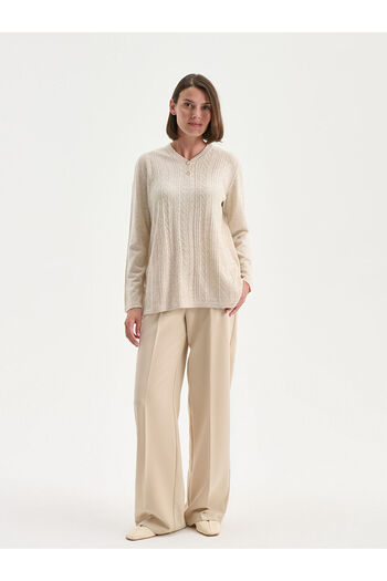 LC Waikiki Beige V-Neck Self-Patterned Women's Knitwear Sweater