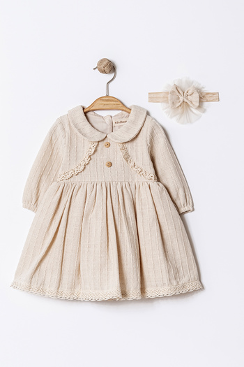 MİNİBORN Girls Long Sleeve Cotton Linen Natural Collar Duvet Detail Dress Set
