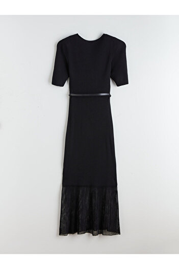 LC Waikiki Black U-Neck Ribbed Belted Dress