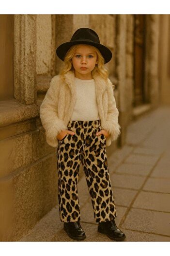 Zekids Girls' Furry Soft Textured Leopard Patterned Trousers