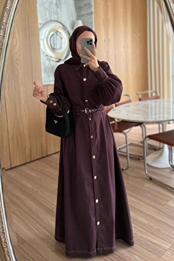 Ka Hijab Cuff Detail Buttoned Long Denim Dress - Burgundy