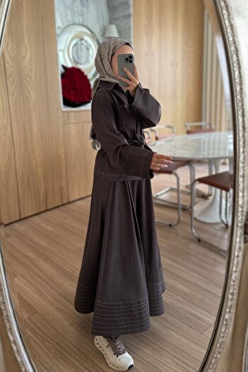 Ka Hijab Wide Sleeve Skirted Denim Suit - Brown