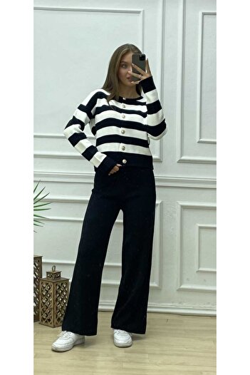LOBOLIC Stylish Striped Buttoned Knitwear Set Two-Piece Combination