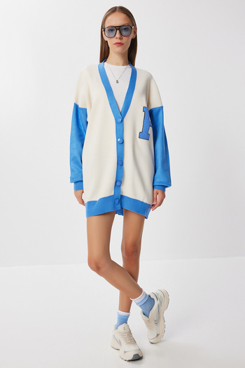 Lovelyİstanbul Oversize Contrast Color Knitwear Cardigan Lyy0131 Blue Bone