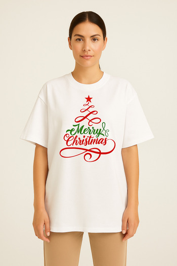 ocke Christmas Tree Merry Christmas Written White Oversize T-Shirt