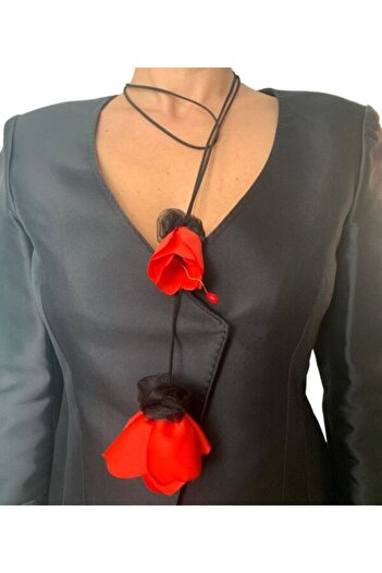 OEM Necklace with 2 Red Poppy Flowers, Bud and Bloom, with Faux Leather Cord