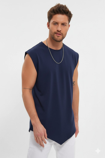 rammers Wide Collar Asymmetrical and Filthy Cut Detailed Zero Sleeve T-Shirt