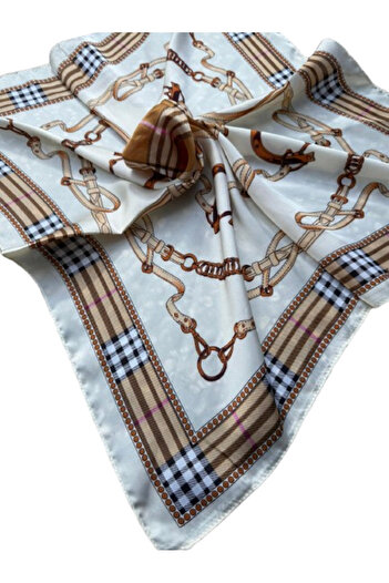 Axesoire 14887 Zincir Desenli Ekru Bandana Fular 70x70 cm