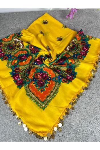 Sobe Hediyelik Mardin Calligraphy Sequin Headscarf with Floral Pattern on Yellow Background – 100X100 cm