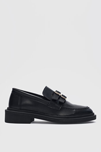 selinshoes Gavin Подвійна регульована золота пряжка Детальна ортопедична жіноча мокасини - ЧОРНА