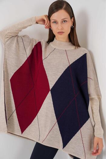 LE CARAMBOLE Women's Beige Baklava Patterned Oversize Slit Poncho Sweater