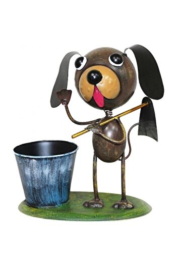 Magic Home Garden Decoration, MagicHome, Dog with Shovel and Bucket, Metallic, 27x16x29 cm