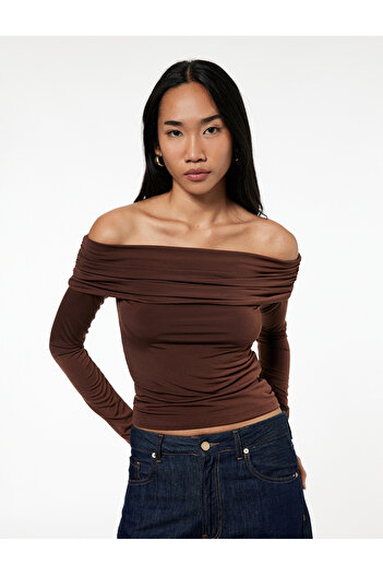 Koton Slim Fit Long Sleeve Draped Off-The-Shoulder T-Shirt