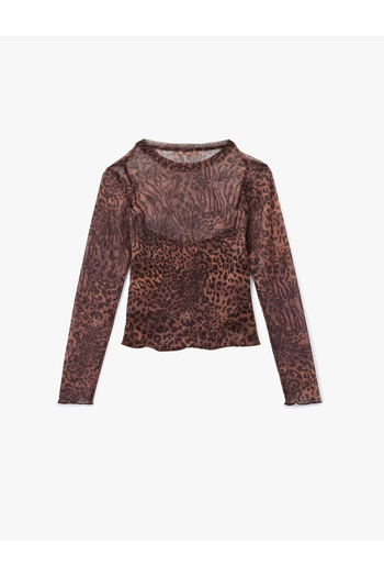 Koton Slim Fit Long Sleeve Leopard Printed Tulle T-Shirt